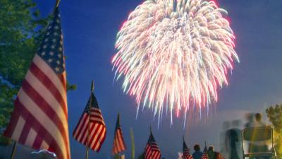 fireworks and a flag