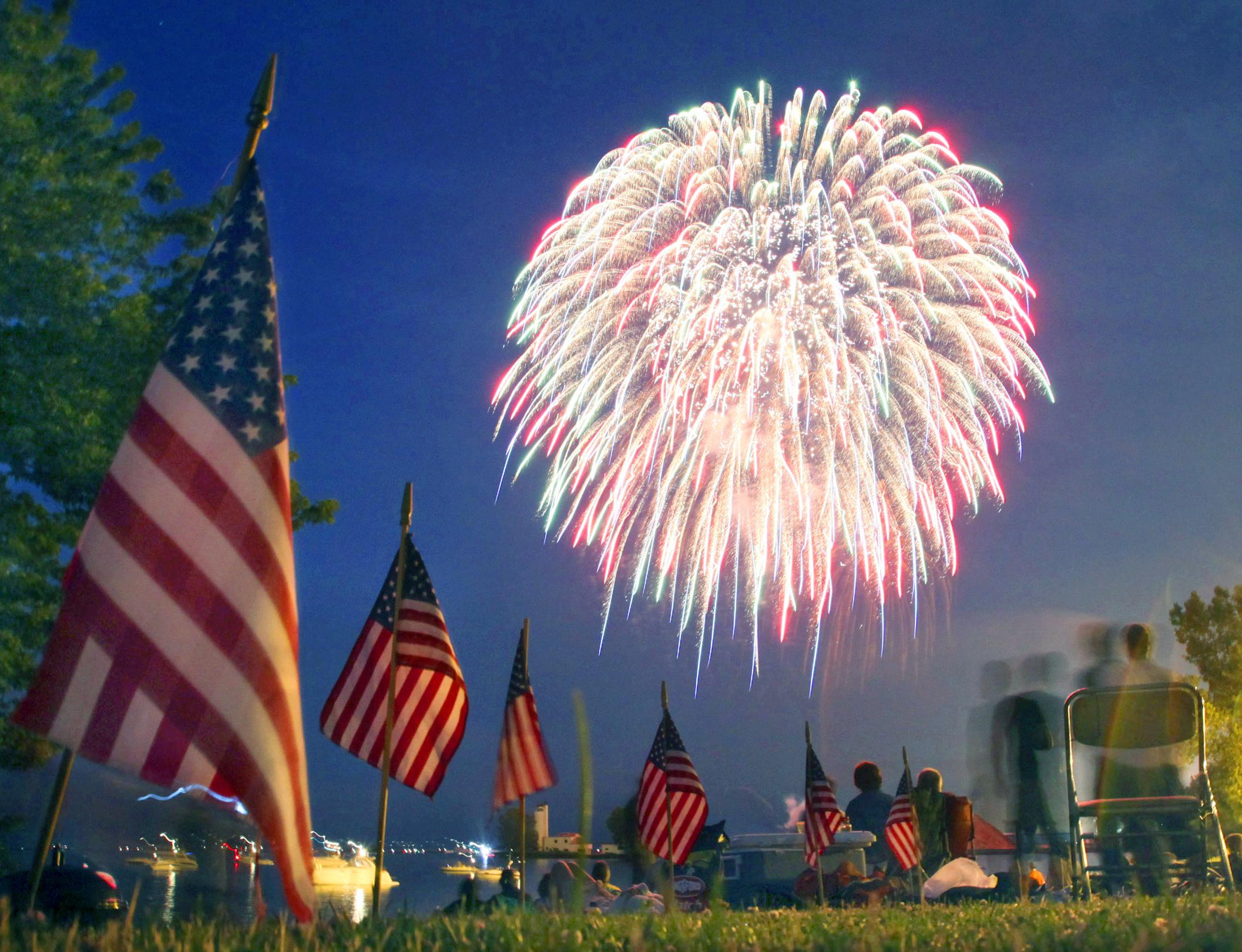 fireworks and a flag